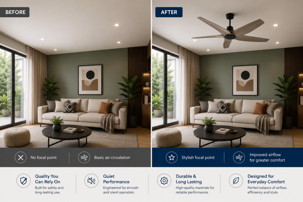 Before and after installation of Rezo Group’s ceiling fan