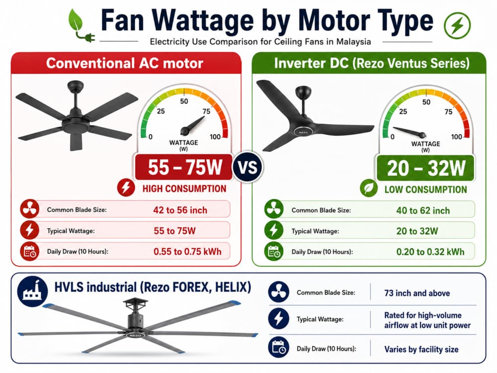 Fan watt usage by types of ceiling fans